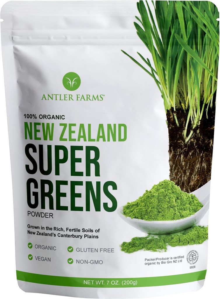 Antler Farms - 100% puhas orgaaniline Uus-Meremaa Super Greens pulber, 40 Servings, 200 g - Nisu rohi, odrarohi, Chlorella, Spirulina - Vegan, Gluteenivaba, klorofüll rikas, energia ja detox