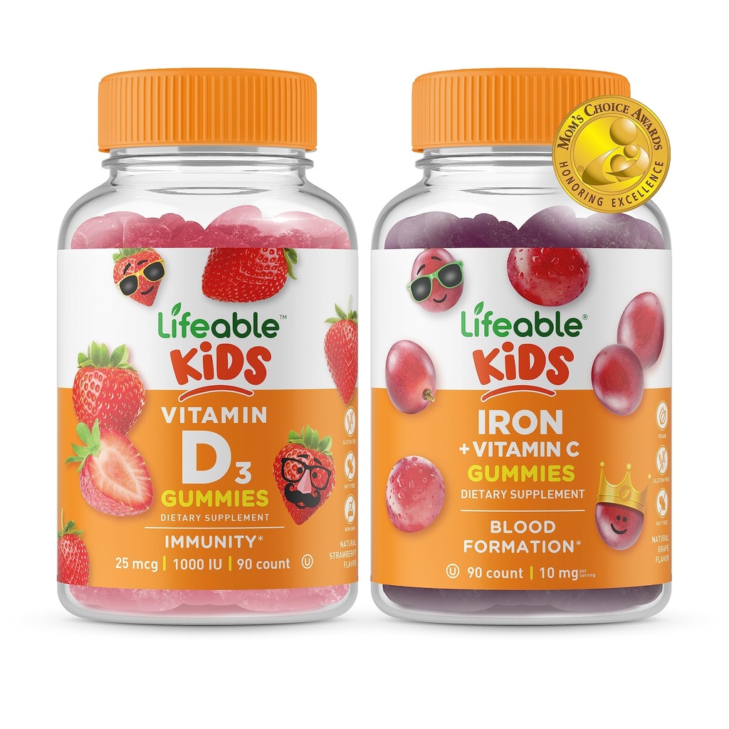 Elujõuline D-vitamiini lapsed + Raud ja C-vitamiin Lapsed, Gummies Bundle - suurepärane maitse, vitamiinilisand, Gluteenivaba, GMO-vaba, närimiskumm