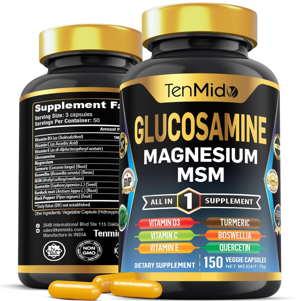 Glükoosamiini MSM-i lisand meestele ja naistele - 11in1 valem - kombineeri magneesiumi, kurkumi, boswellia, kvertsetiini, Burdocki juure ja muuga | liigese ja liikuvuse tugi - 150 kapslit