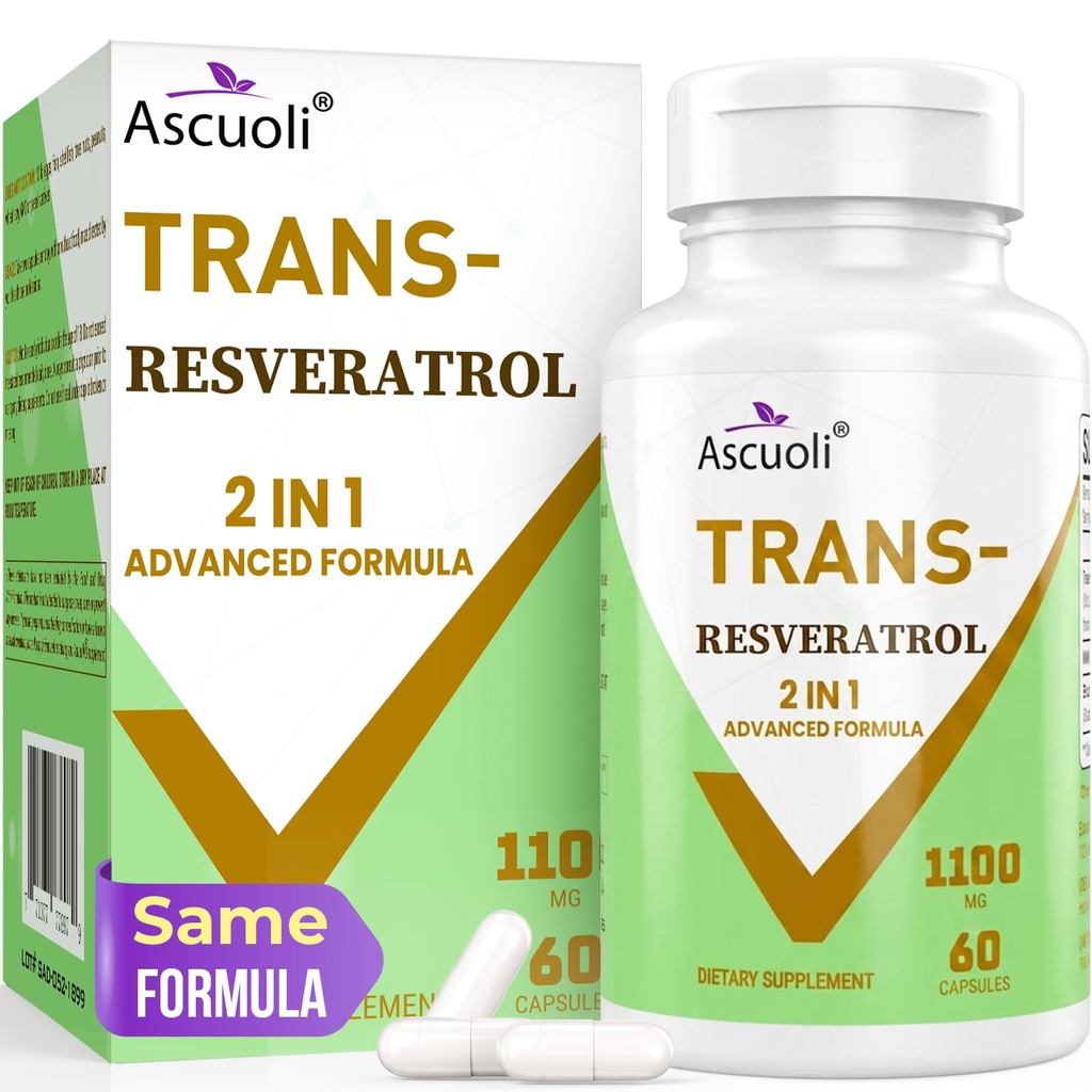 99% Ultra Purity Trans-Resveratrol 1100mg, 3-in-1 Advanced Formula Organic Resveratrol Supplement, Max Antioxidant, Anti-Aging, Naha Tervis, Rakkude parandamine, Boost NAD+, Immune & Energy, 60 Caps