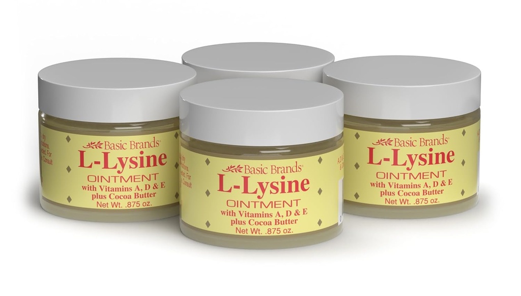 Põhibrändid - L-Lysine salv - 0,875 oz - Lüsiini külma valulikkusravi ja Blister Relief - Soothes Lips - 4 Pack