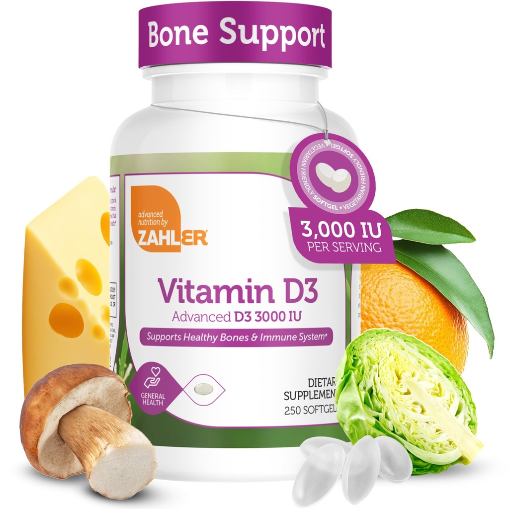 Zahler Vitamiin D3 3000IU, Vitamiin D3 Lisa 3,000 RÜ, sertifitseeritud Kosher (250 Softgels)