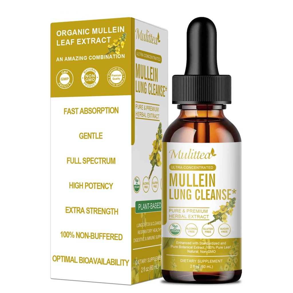 Mulittea Mullein tilgad kopsudele & Lymphatic Drainage-5-in-1 Taimne ekstrakt Vedel vahukommi juurega, leedrimarjaga, lagritsa Root-Lung Cleanse & Respiratory Support-Non-GMO, taimetoitlane-2 Fl Oz