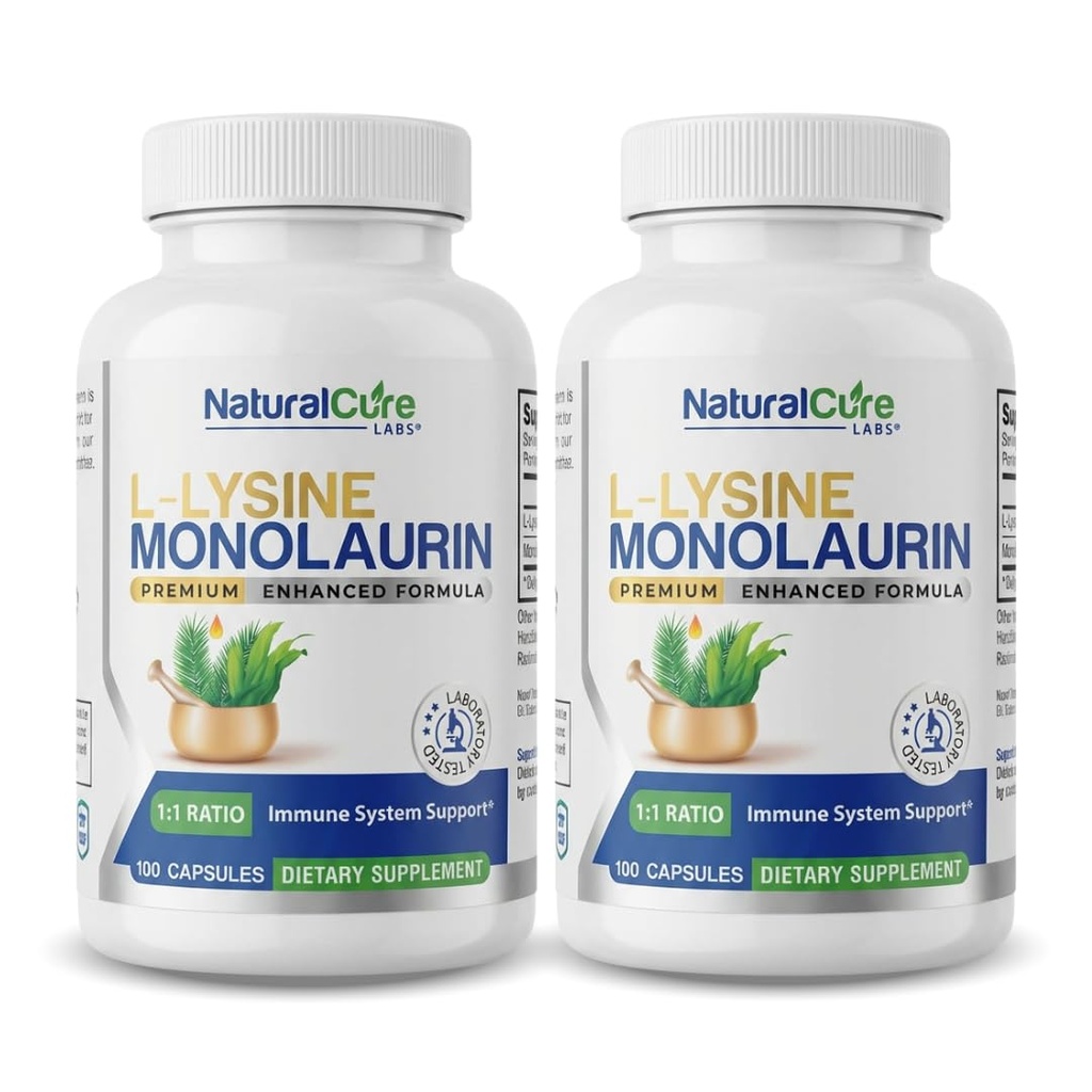 Natural Cure Labs L- lüsiin + Monolaurin 600mg 1: 1 suhe, 2 Pack, 200 kapslit