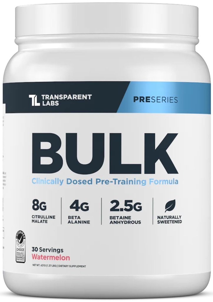 Läbipaistev Labs Bulk Pre Workout Powder - looduslikult magustatud Preworkout meestele ja naistele, Pre Work Out for lihaste hoone & tugevus w / Beta Alanine & BetaPure - 30 Servings, Arbuus