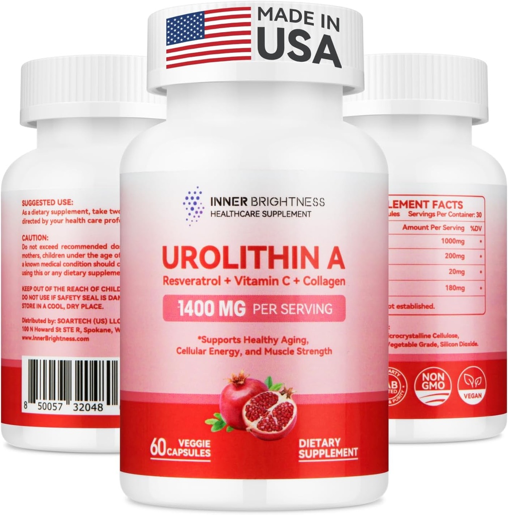 Urolitiin A täiendus 1400 MG - mitte-GMO, gluteenivaba, vananemisvastane, rakuline uuenemine, lihaste tugevus, vastupidavus ja pikaealisuse tugi, Liposomaalne urolitiin A, 60 loend