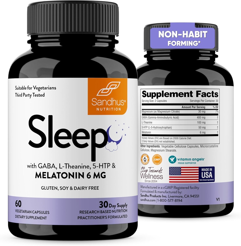 Sandhu's Sleep 60 kapslid - Mitte-Habit Moodustab 5-in-1 uneabi lisandi melatoniini, magneesiumi, GABA, L-Theanine & 5-HTP-ga