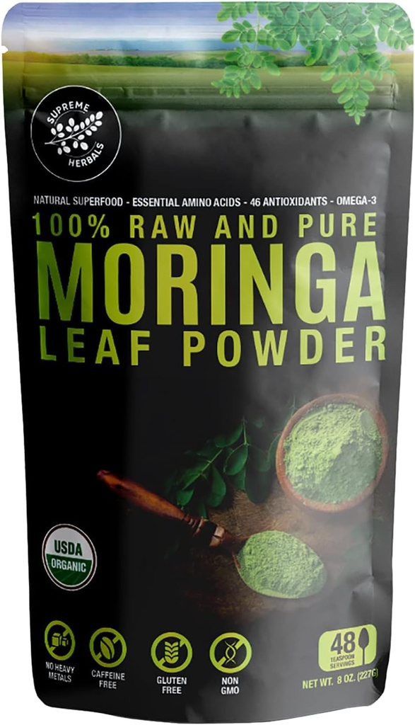 100% toores ja puhas Moringa Lehtpulber. Organic Certified Moringa Leaf. Looduslik supertoit koos oluliste aminohapete, antioksüdantide ja Omega 3, 8 oz taassuletava kotiga.