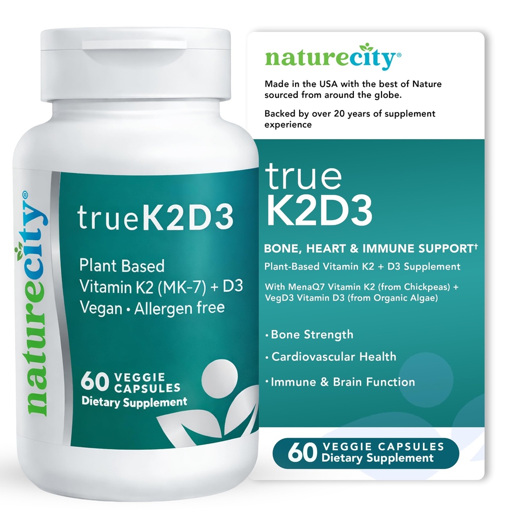 NatureCity TrueK2D3 Taimne Vitamiin K2 MK7 (90 mikrogrammi) & D3 vetikatest (2500 RÜ) 2 in 1 Vitamiin D3 K2 Täiendus luude, südame ja immuunsüsteemi tervisele – 60 Veggie kapslit