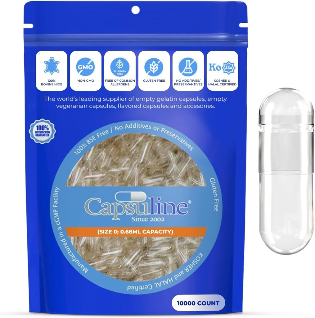 Kapsli suurus 0 Tühjad želatiinkapslid, selge - 10000 Count | Gluteenivaba, Kosher, Non-GMO Certified | Puhtad veisepillid DIY täienduse täitmiseks
