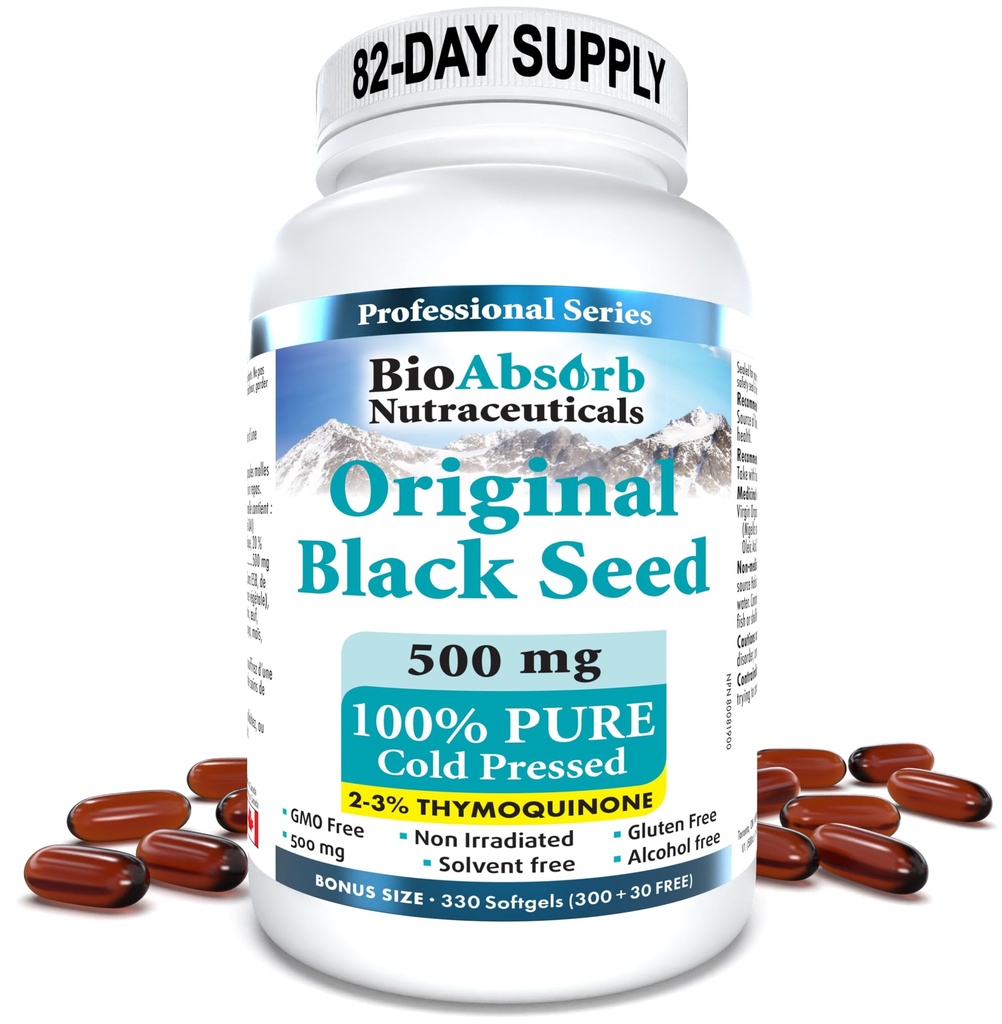 Bioabsorb mustade seemnete õlikapslid, 82-päevane varu, külmpressitud puhas must-köömneseemneõli (Nigella Sativa) (330 pehmegeeli, 500 mg)