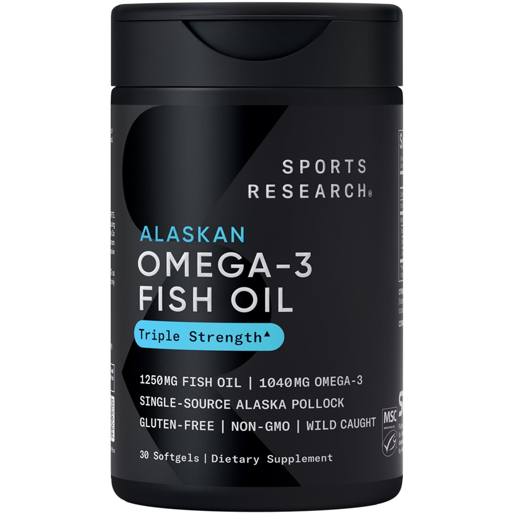 Sport Research Triple Tugevus Omega 3 Kalaõli 1250mg Wild Alaska Pollock - Burpless Fish Oil Supplement koos Omega-3 EPA & DHA - Jätkusuutlikult hangitud, mitte-GMO, Gluteenivaba - 30 Softgels