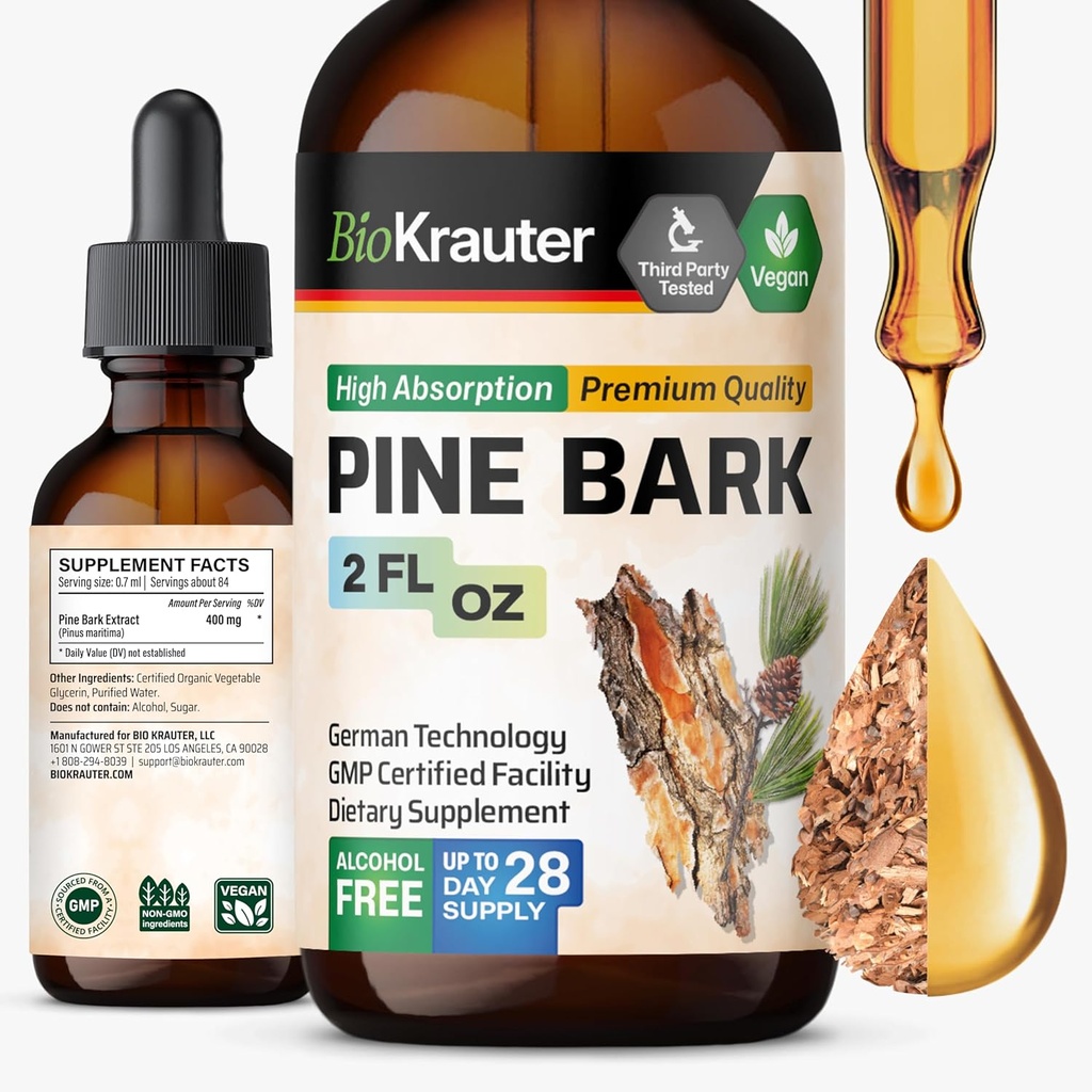 BIO KRAUTER männikoore ekstrakt - rikas antioksüdantides Vedel täiendus - 400 mg Prantsuse meremännikoore ekstrakti tilgad - Vegan, alkohol ja suhkur vaba - 2 Fl Oz
