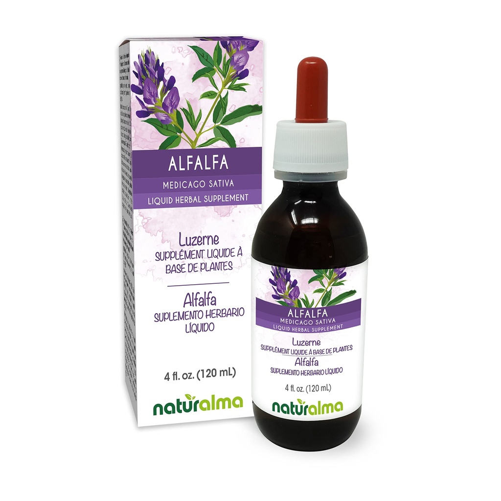 Naturalma Alfalfa või lutserni (Medicago Sativa) maitsetaimed õitega Alkoholivaba tinktuur - rikkalik looduslik klorofüll - 4 fl oz Vedel ekstrakt tilkades - Taimne täiendus - Vegan