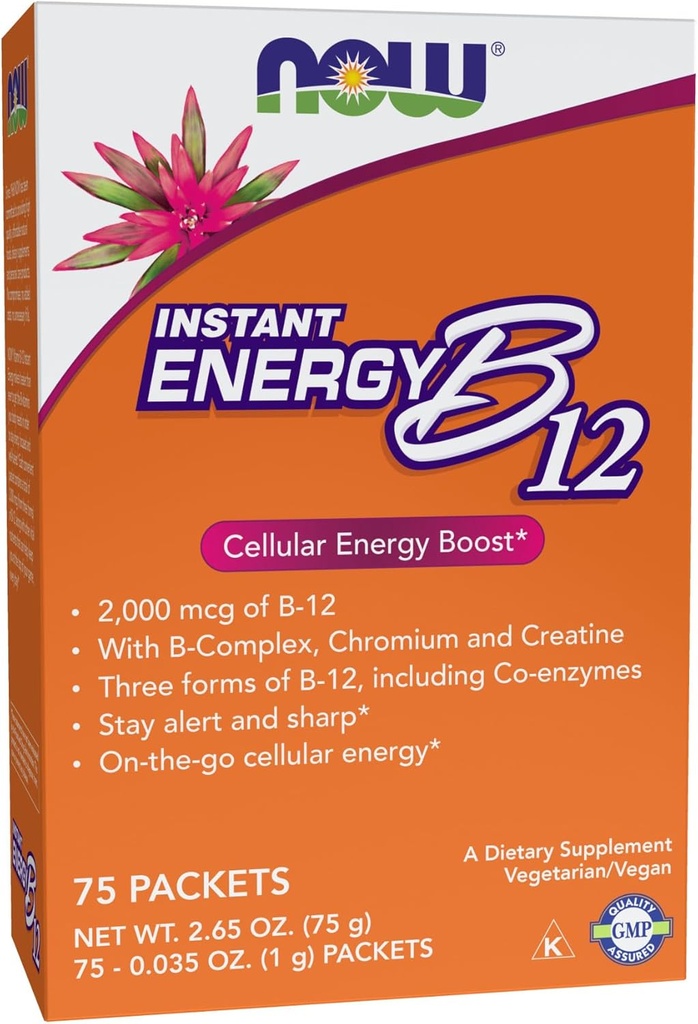 NOW Supplements, Instant Energy B-12 (2 000 mcg B-12 paketi kohta), Cellular Energy Boost *, 75 paketti