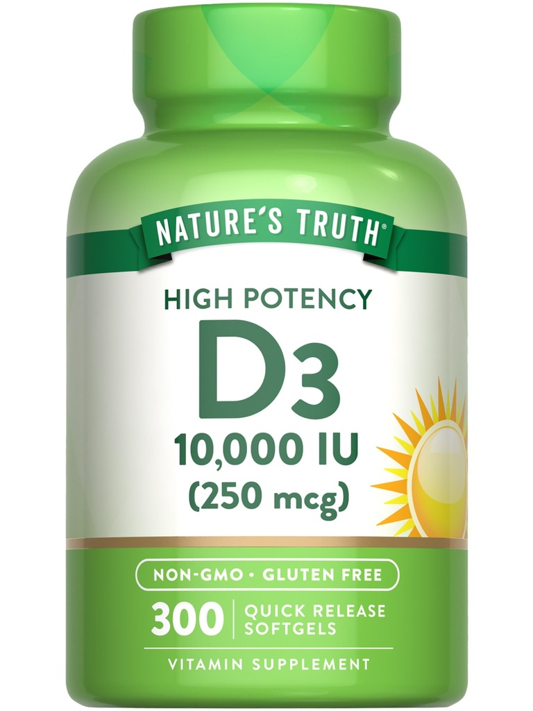 Looduse tõde Vitamiin D3 10000 IU Softgels | 300 Count | Extra Tugevus | Mitte-GMO & Gluteenivaba toidulisand