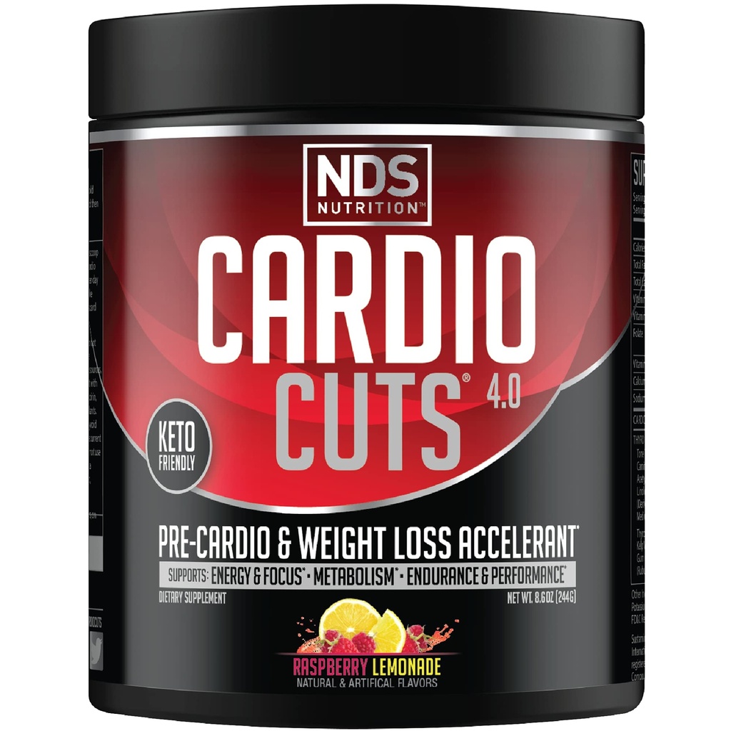Cardio Cuts NDS Nutrition 4.0 Pre Workout Supplement - Advanced Weight Loss and Pre Cardio Formula with L-Carnitine, CLA, MCTs, L-Glutamine, and Safflower Oil - Razz Lemonade (40 Servings)