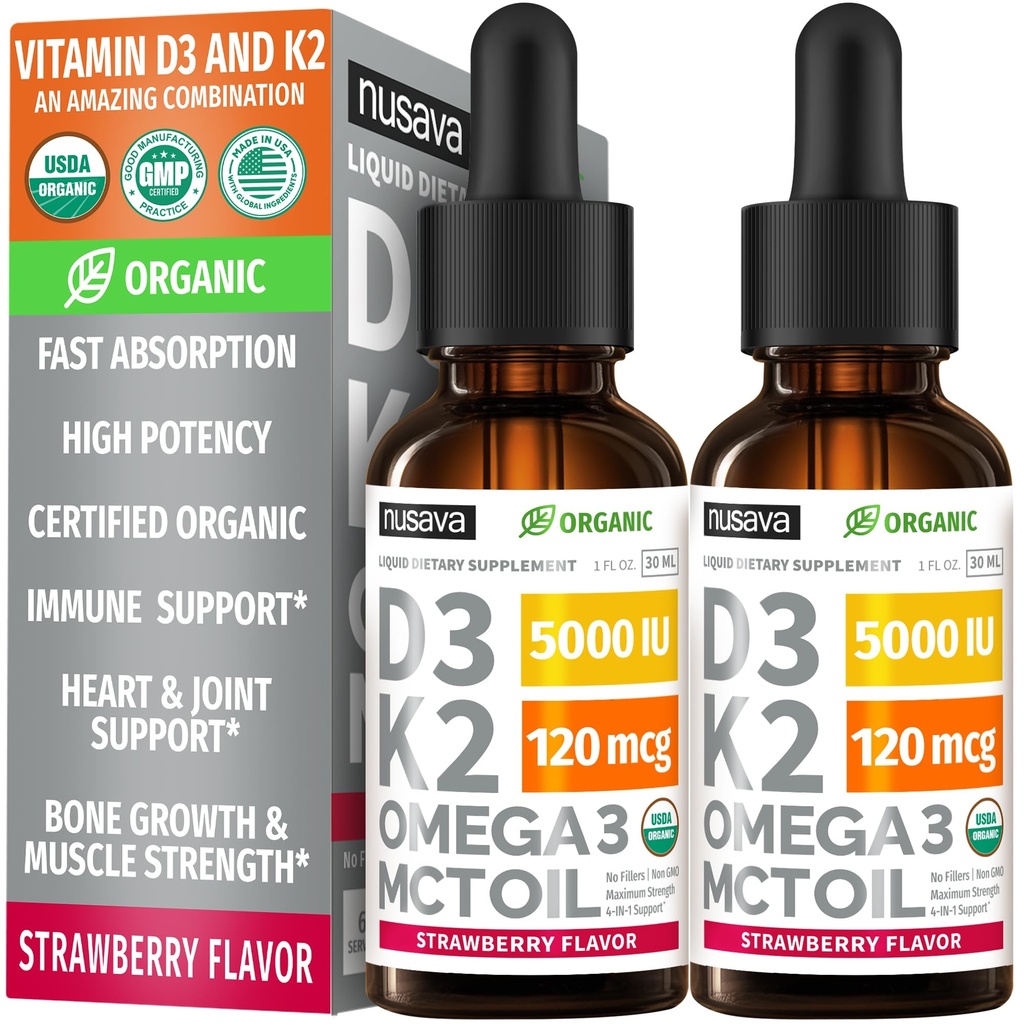 (2 Pack) Orgaaniline Vitamiin D3 K2 langeb 5000 IU MCT õli Omega 3 - maksimaalne tugevus Vedelik D3 ilma täiteaineteta, mitte-GMO kiireks imendumiseks, immuuntoetus (Maasikas, 2 Fl Oz)