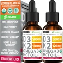 (2 Pack) Orgaaniline Vitamiin D3 K2 langeb 5000 IU MCT õli Omega 3 - maksimaalne tugevus Vedelik D3 ilma täiteaineteta, mitte-GMO kiireks imendumiseks, immuuntoetus (Maasikas, 2 Fl Oz)