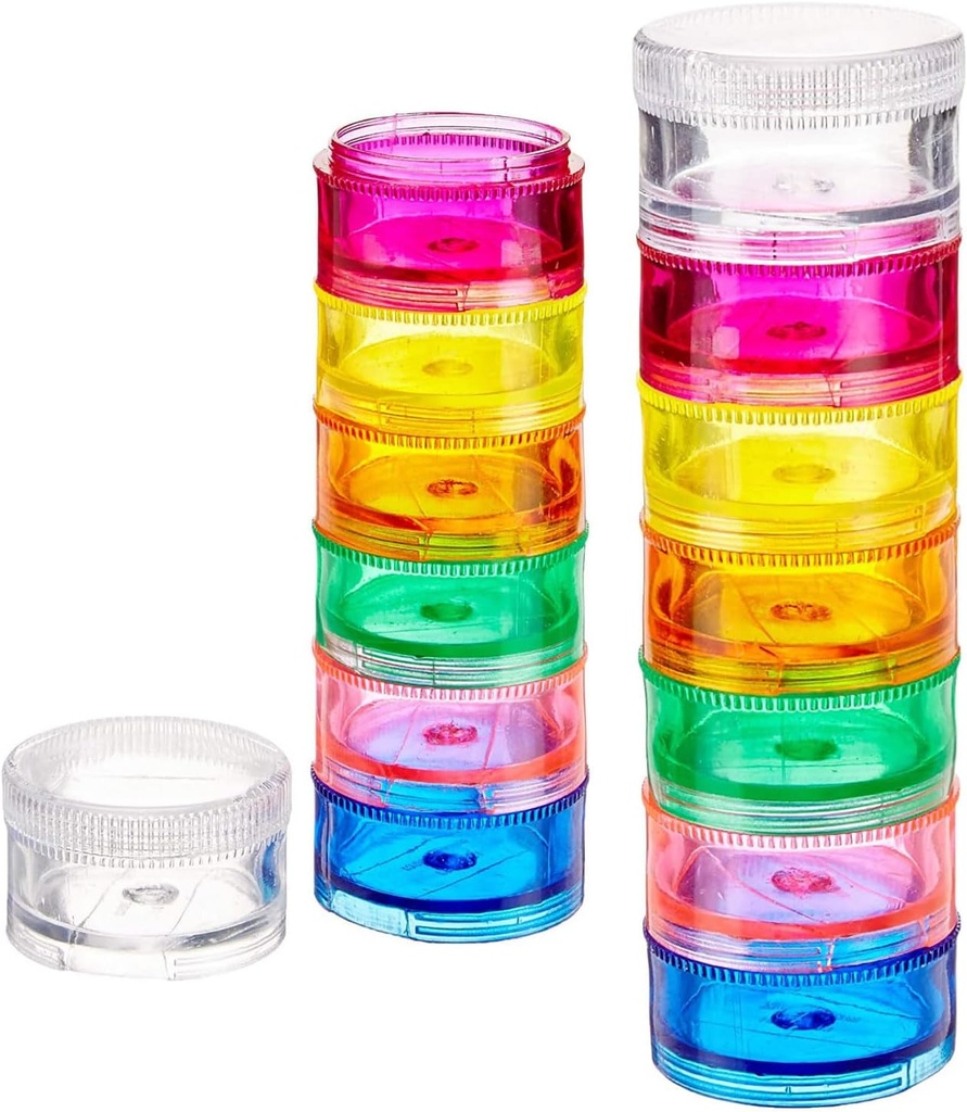Deke Home - virnastatav pillide korraldaja (2 Pack), 7-päevane iganädalane pillide kasti torn koos keerdluku osadega, BPA-vaba, reisimeditsiini hoidja ja vitamiinide edasimüüja, kompaktne ja kaasaskantav kast, vikerkaare värv