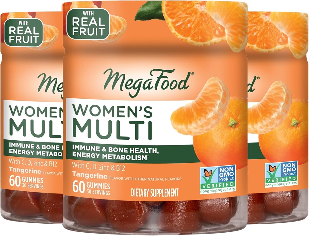 MegaFood Women's Multi - Multivitamiin naistele - Kummi vitamiinid - C-vitamiin, D-vitamiin, tsink, B12-vitamiin ja koliin - Immuunsüsteemi tugi & luude tervis - taimetoitlane - mandariin - 60 kummikut (30 serveerimist) 3 pakendit