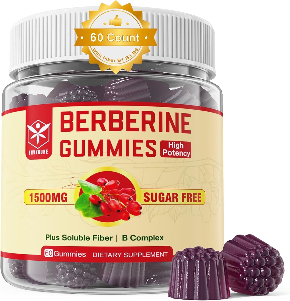 Berberine Supplement 1500mg lahustuv kiudaineid, B1, B3 & B6, Sugar Free Berberine HCL Gummies, kõrge biosaadavus AMPK Activitor Mętâbõlism tasakaalustatud, Daily Digestive & Body Mânâgęmęnt, 60 Ct