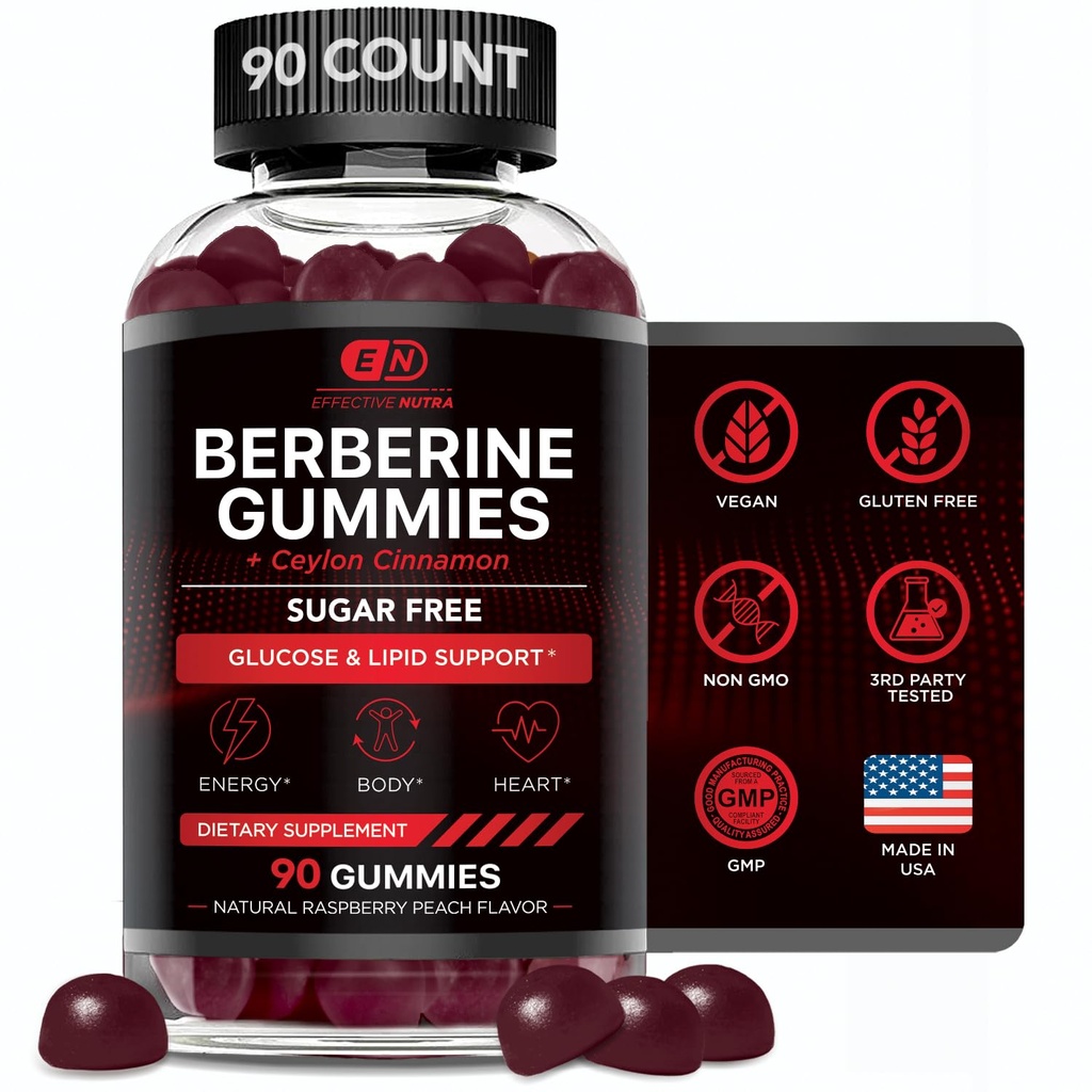 Efektiivne NUTRA Berberine Gummies koos Ceyloni kaneeliga | Suhkruvaba lisa 1200mg veresuhkru toetamiseks, südame terviseks, energiaks | 45-päevane pakkumine, looduslik marjamaitse, valmistatud USA-s (90 loend)