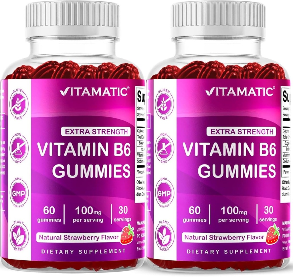 Vitamatic 2 pakendid Vitamiin B6 100mg Gummies - looduslik maasikamaitse - 60 pektiinipõhist kummipudelit pudeli kohta - närvisüsteemi ja energia toetus