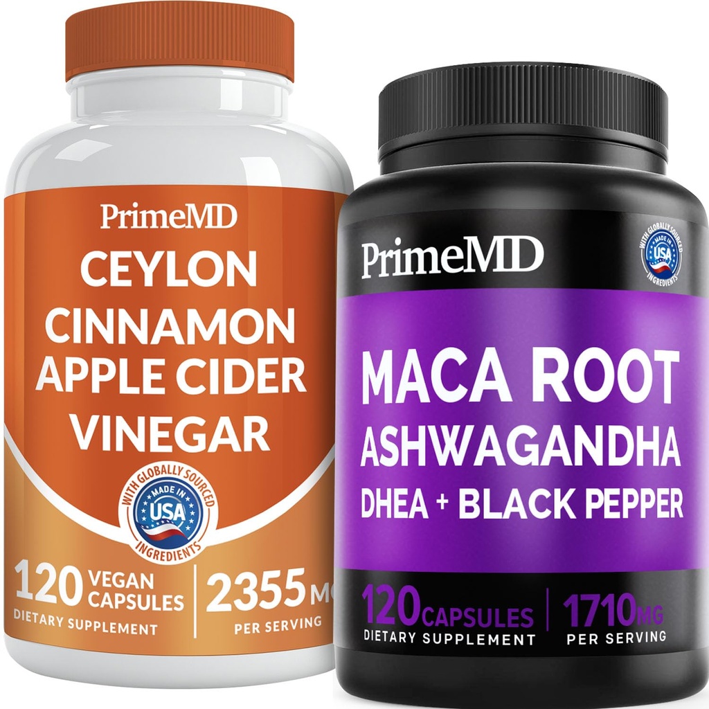 5-in-1 Ceylon Cinnamon w Apple Cider äädikas, kurkum, & ženšenni juur (120ct) & 6-in-1 Maca Root Ashwagandha w DHEA & Black Pepper Fruit (120ct) Bundle - energia, meeleolu ja immuunsuse tugilisa