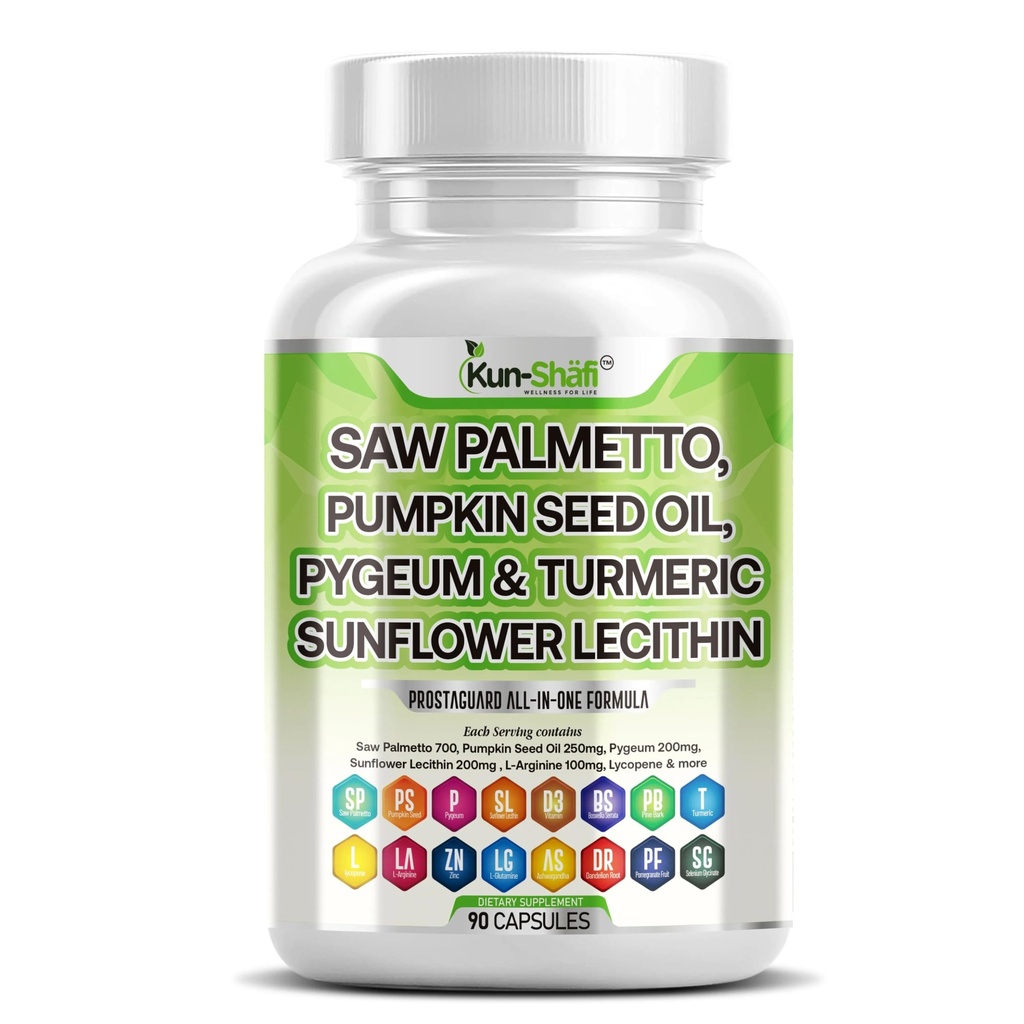 Saw Palmetto koos Stinging Nettle, Pygeum, Kõrvitsa Seed, Päevalille letsitiin, Kurkum & Ashwagandha - eesnäärme tugi meestele lükopeeni ja D3-vitamiini - 90 kapslit