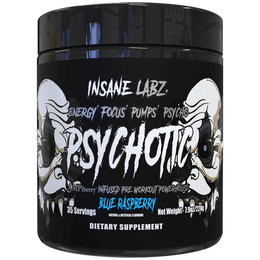 Insane Labz Psychotic Black Edition Mid Stimulant Pre Workout Powder, Energy Focus Pumps, Laaditud Kreatiin Beeta Alanine Tauriini Kütusel AMPiberry, 35 Servings (Blue Vaarika)