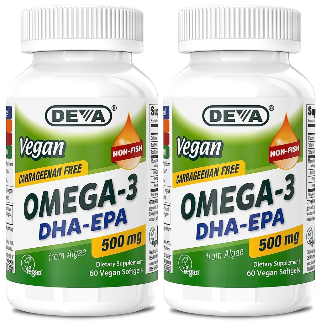 DEVA Vegan Omega-3 DHA-EPA 500MG 2-Pack – ei karrageeni, vetikatest tuletatud mittekalaõli, mitte-GMO, 60 želatiinivaba softgels Ea