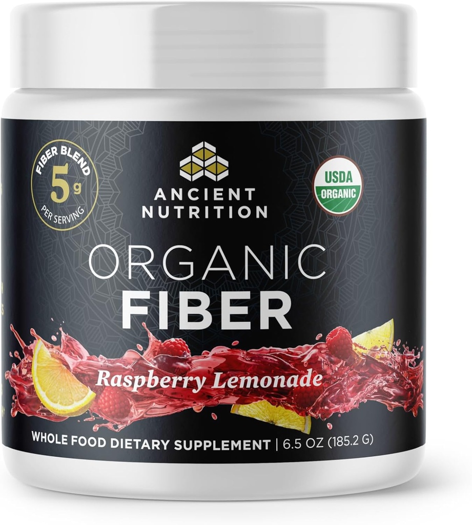 Ancient Nutrition Organic Fiber Powder, Vaarika Lemonade, Lahustuv Fiber Acacia & Konjac Root, Toetab Seedetrakti Tervist, Vähendab Bloating, 6.5 oz