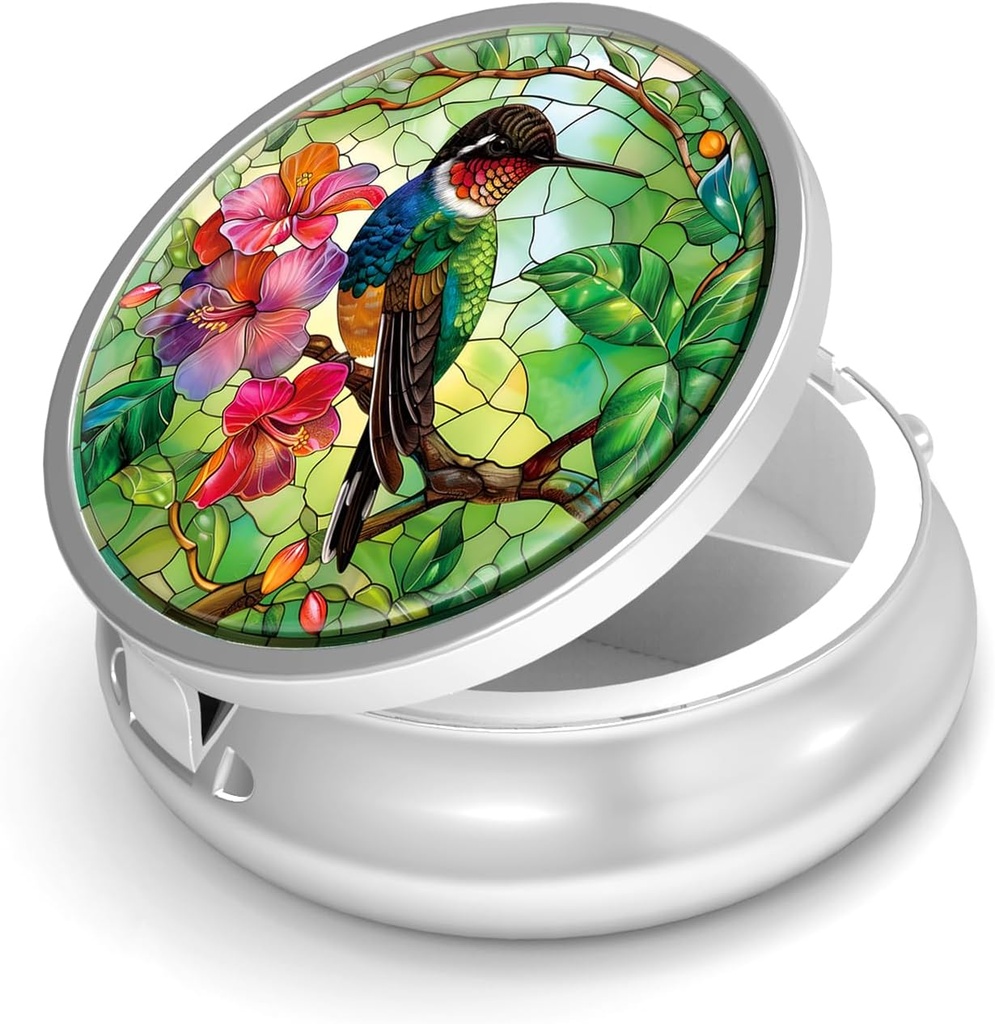 Pill Box-3 Compartment Small Pill Case Purse & Pocket Mini Metal Pill Holder Travel Pill Container hoida toidulisandeid BPA-vaba (Hummingbird)