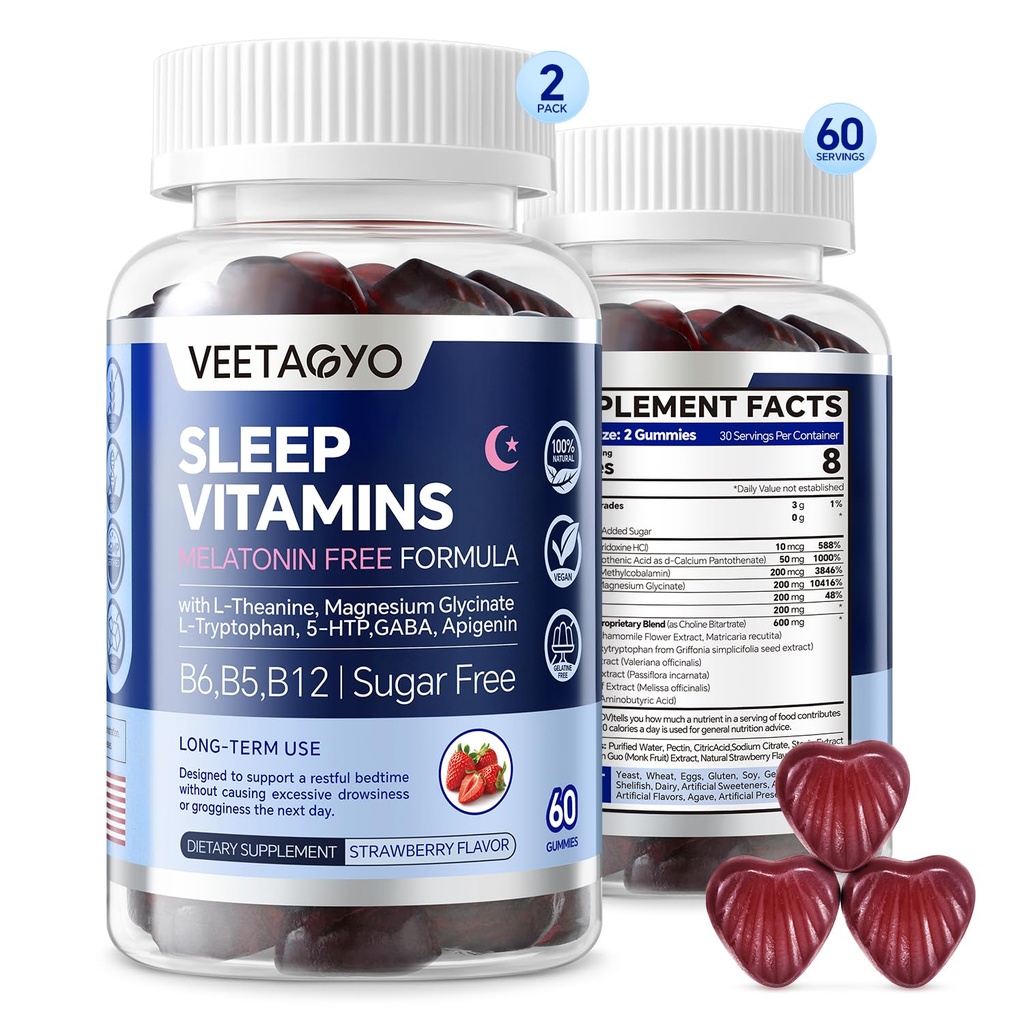 Melatoniin Free 5-HTP GABA täiendus Gummies täiskasvanutele ja lastele 12+ L-Theanine, magneesiumglütsinaat, L-trüptofaan, apigeniin - suhkruvaba, maasikamaitse, Vegan, 120 krahv