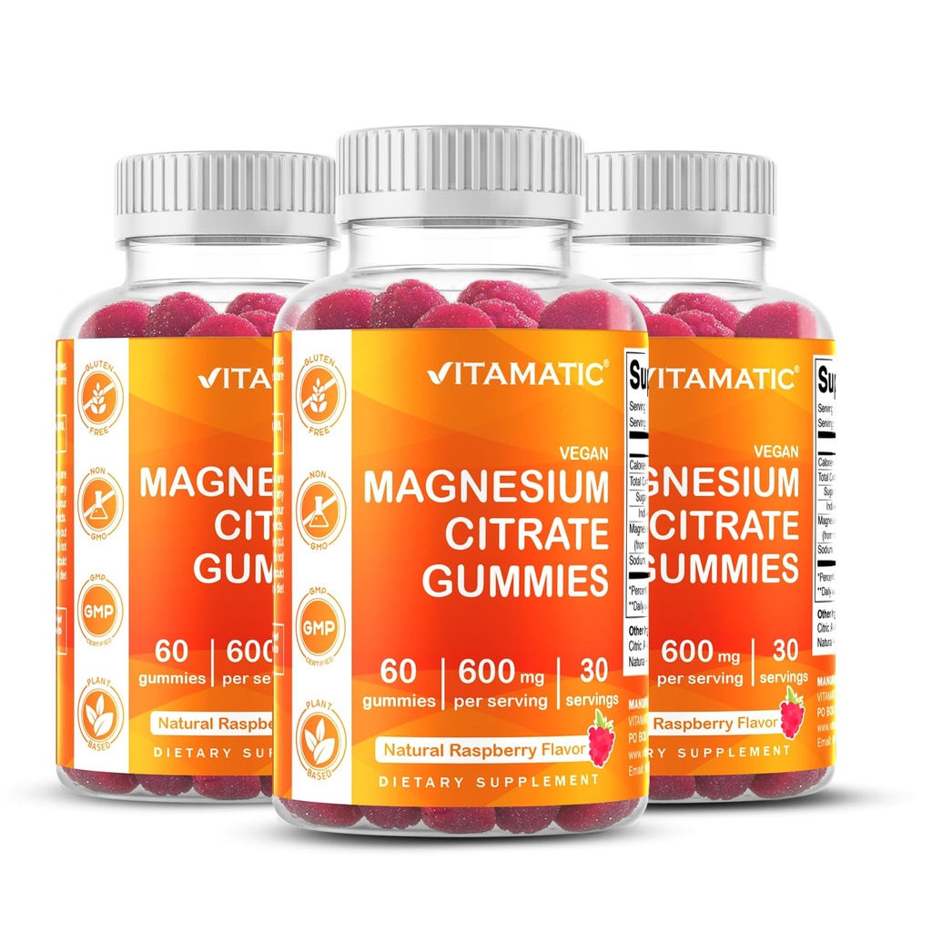 Vitamatic Magnesium Gummies 600mg per Serv – 60 Vegan Gummies – Lõõgastus, lihased, luu ja energia tugi – 3 Pack