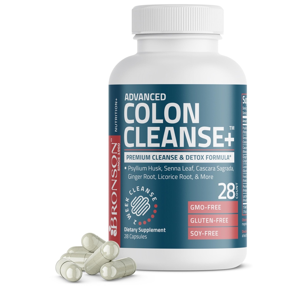 Bronson Advanced Colon Cleanse Premium 14 Day Cleanse & Detox valem Psyllium Husk, Senna Leaf, Cascara Sagrada, Ginger Root, Lagrits Root & More, Non-GMO, 28 kapslit