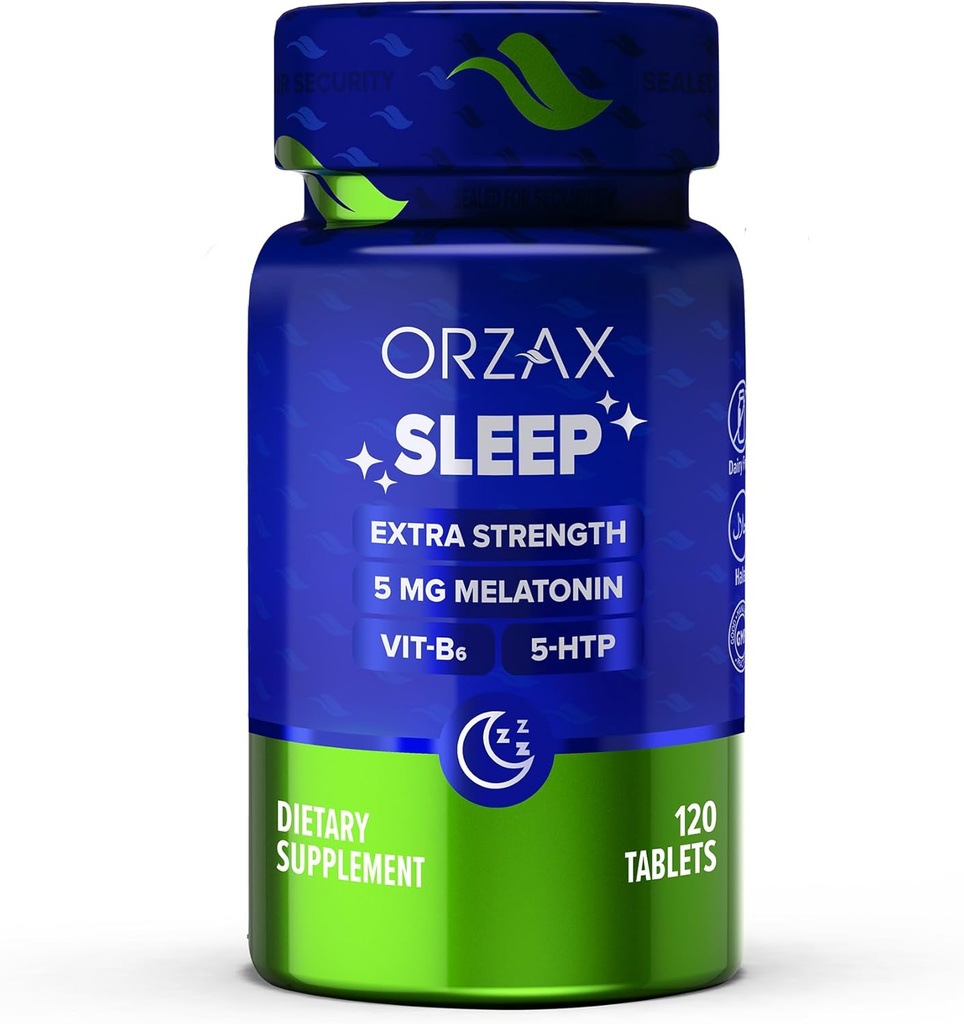 ORZAX Sleep - melatoniin 5 mg, vitamiin B6 ja 5-HTP lisand - täiskasvanutele mõeldud rahutu une vitamiinid (120 tabletti)