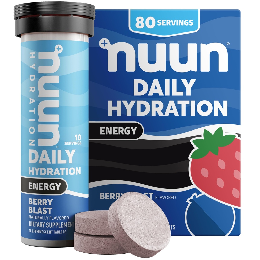 Nuun Energy Electrolyte tabletid koos ženšenniga, kofeiin rohelisest teeekstraktist, vitamiin B12, B6, B5, magneesium ja 4 muud elektrolüüdid, Gluteenivaba & Vegan, Berry Blast, 8 pakend (80 teenindust kokku)