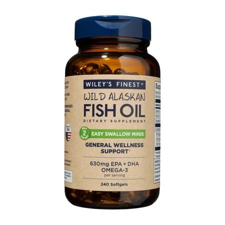 Wiley's Finest Wild Alaskan Fish Oil Easy Neelamine Minis - Omega-3 Fish Oil Supplement täiskasvanutele ja lastele - Double-Strength 630mg EPA ja DHA Natural Supplement - 240 Mini Softgels (120 Servings)