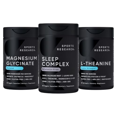 Sport Research Double Strength L-Theanine Supplement Softgels Fookuses & Lõõgastav, Magneesium Glütsinaat Rahulik Sleep & Ensümaatilised protsessid + Sleep Complex Melatoniinivaba Vegan Kapslid