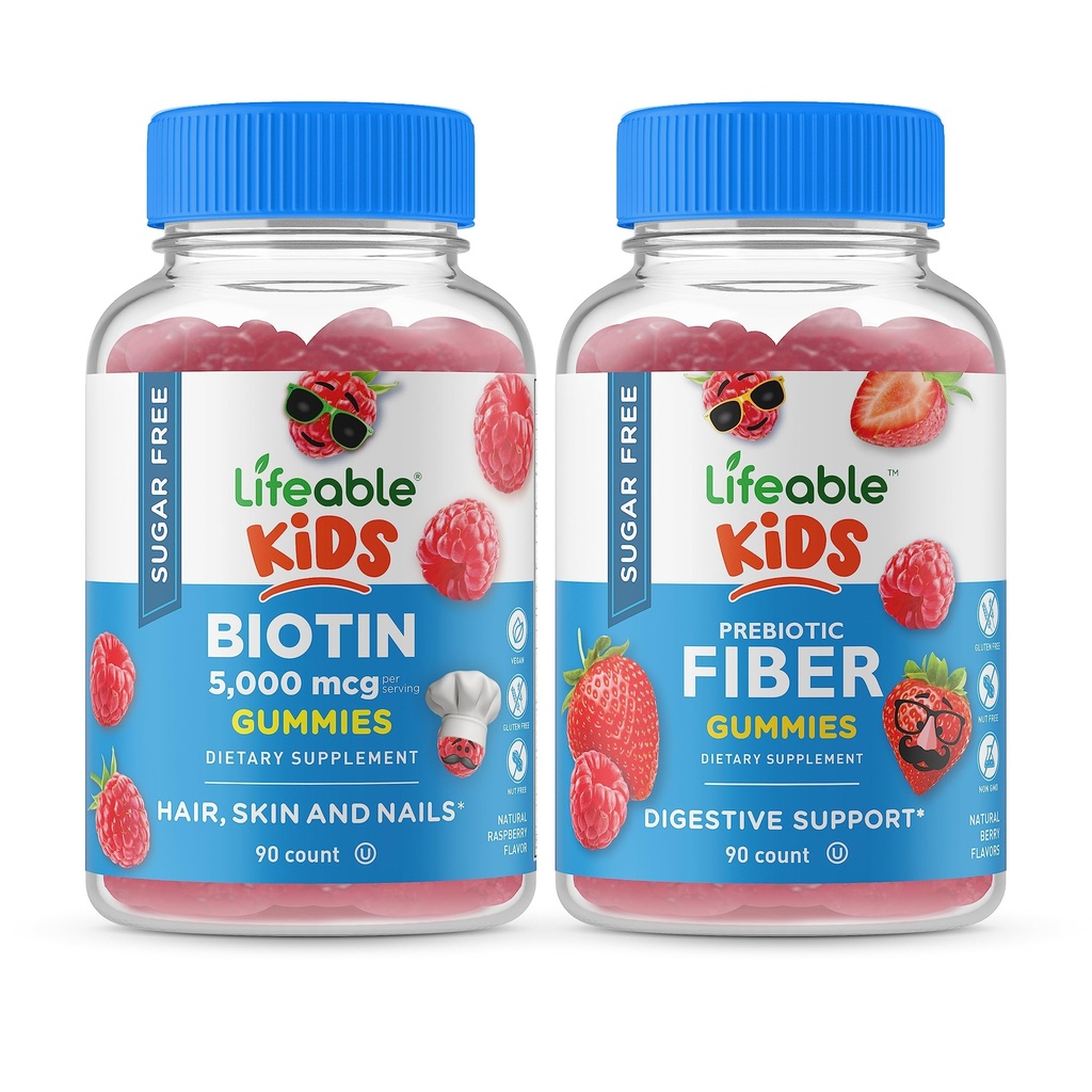Elusad Suhkruvabad Biotiinilapsed + Preciotic Fiber Kids, Gummies Bundle - suurepärane maitse, vitamiinilisand, Gluteenivaba, GMO-vaba, närimiskumm
