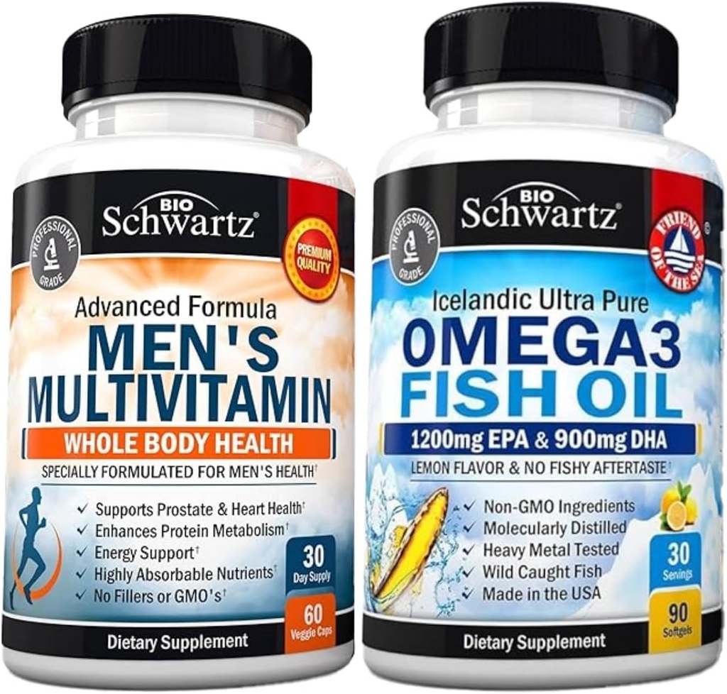 Täiustatud igapäevased meeste multivitamiinid C-vitamiiniga A B D3 E ja tsink (1 kuu pakkumine) pluss kolmekordne tugevus Omega 3 kalaõli softgels (1 kuu pakkumine)