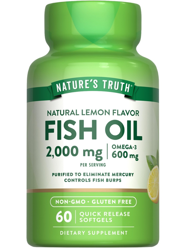 Nature's Truth Fish Oil Omega 3 Supplement | 2000mg | 60 Softgels | EPA & DHA | Sidrunimaitse | Non-GMO ja Gluteenivaba