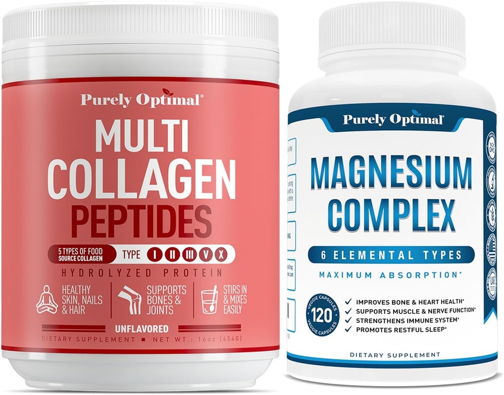 Puhtalt optimaalne Premium Multi kollageenpulber + Premium Magneesium Kompleks - Magneesiumtsitraat, malaat, lihaste lõõgastamine - 120 kapslit