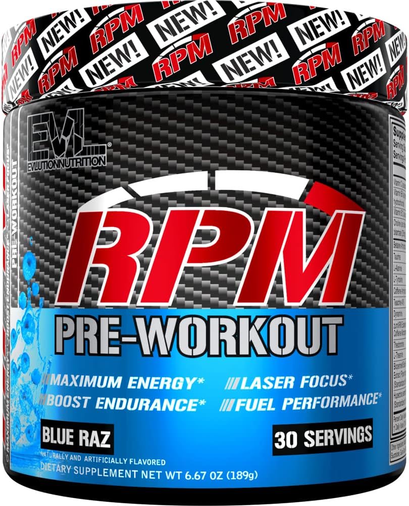 Pre Workout Pulber energia ja fookus - EVL RPM Energy Pre Workout Energiajook Pulber betaiin Alanine Kofeiin ja Theacrine - Preworkout Pulberjook võimendatud jõudlust (Blue Raz)