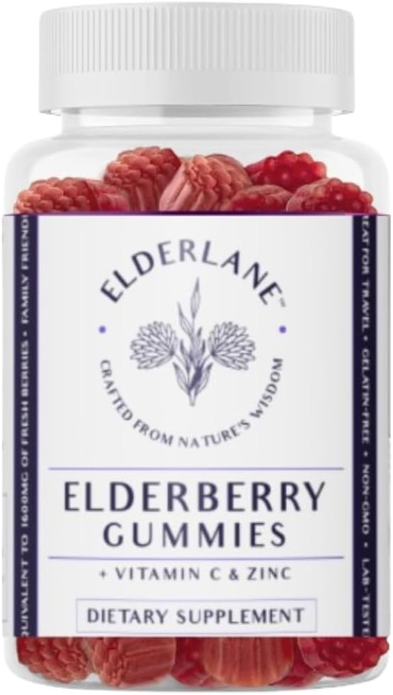 Elderlane Elderberry Gummies täiskasvanutele ja lastele - Immuunsüsteemi tugi - mitte-GMO, vegan, gluteenivaba, želatiinivaba - 60ct, 100mg
