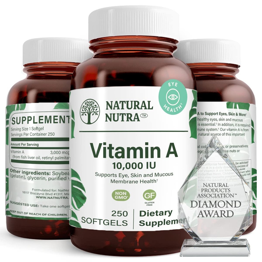 Natural Nutra Vitamiin 10 000 RÜ Softgels - kõrge potentsi silma ja naha vitamiinid - Gluteenivaba Vitamiin A Täiendus nägemise ja naha tervise - Kala Maksaõli meestele ja naistele, gluteenivaba, 250 Softgels