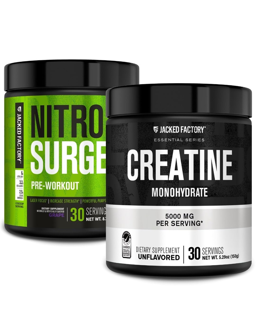 Jacked Factory NITROSURGE Pre Workout Supplement (Viin, 30 Servings) & Kreatiin Monohüdraadi pulber (maitsestamata, 30 Servings)