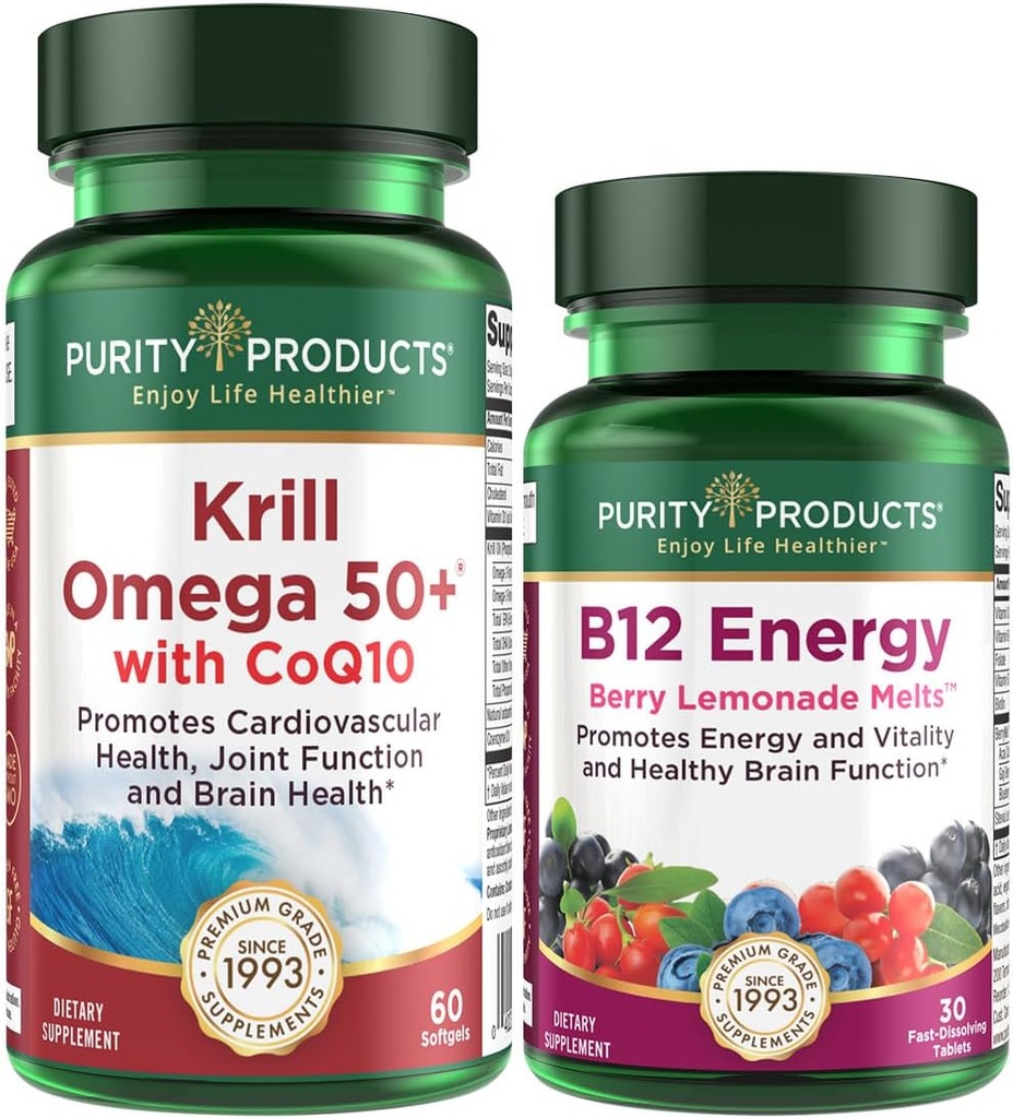 Puhtuse tooted Bundle - Krill Omega 50+ koos CoQ10 + B-12 energiasulamiga - Krill Omega 50+ koos CoQ10-ga (Krill Oil, Fish Oil, CoQ10, Vitamiin D) B-12 Marjasulam (metüülkobalamiin B12 + B6 + D3 + rohkem)